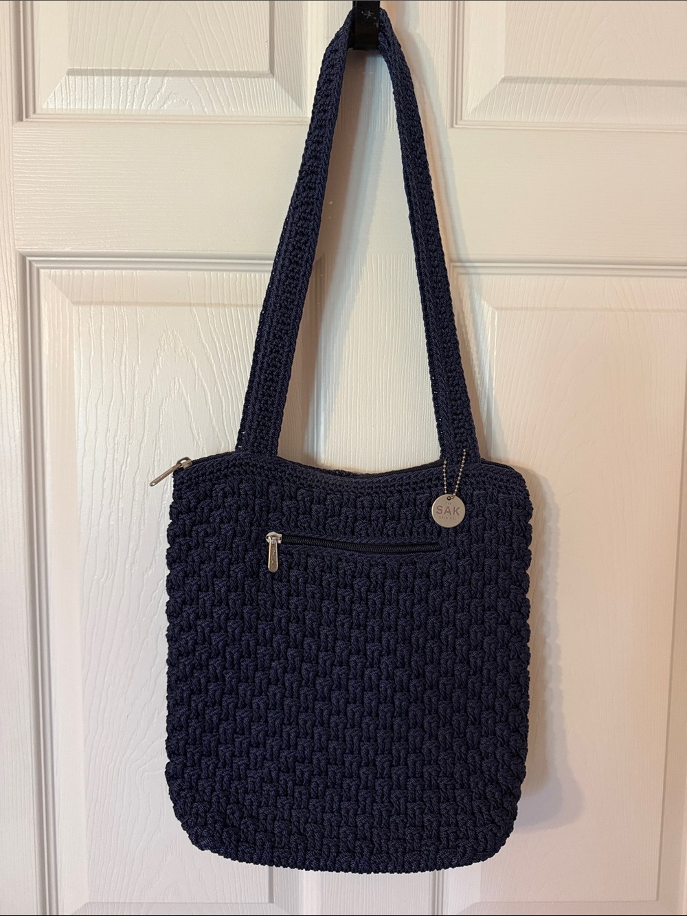 The Sak Navy Crochet Shoulder Bag with Front Zip Pocket - The Sak